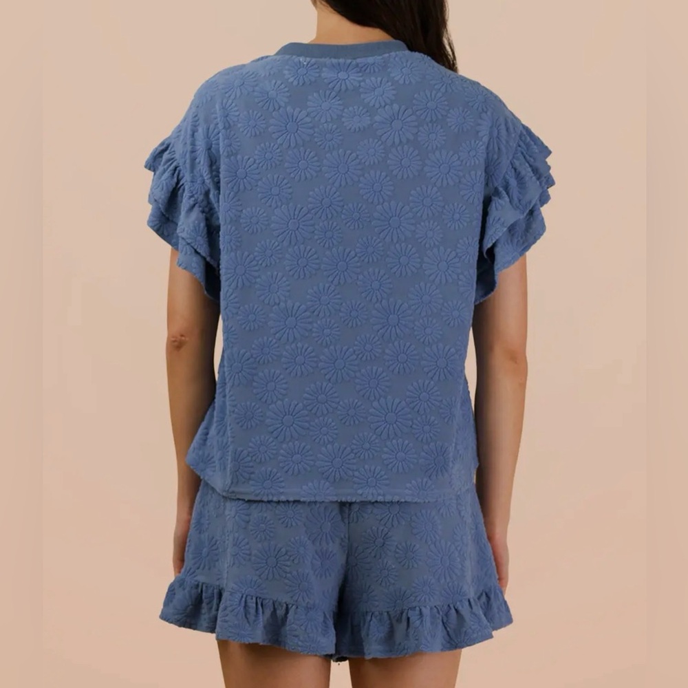 Floral Textured Ruffle Knit Top & Short Set - Denim - Picture 3 of 4